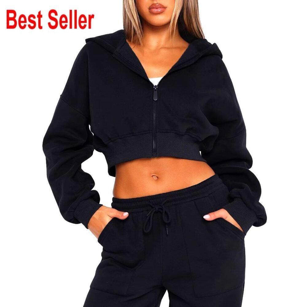 Cropped Zip Up Hoodie, Polyester Cotton Blend, Lightweight Gym Jacket